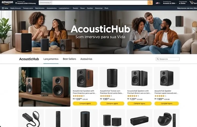Loja oficial de marca dentro da Amazon com banner, categorias e vitrine de produtos